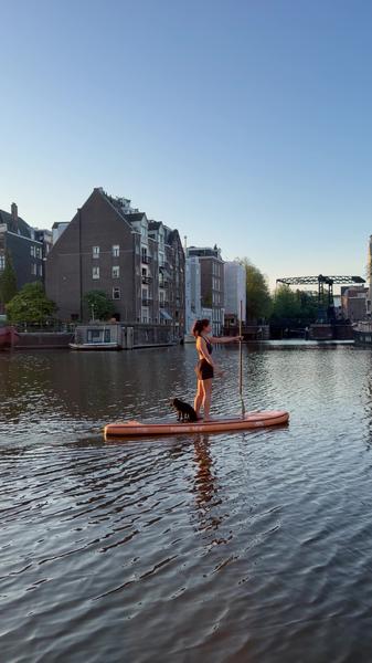A woman paddle boards with her dog on a calm canal during a sunny evening